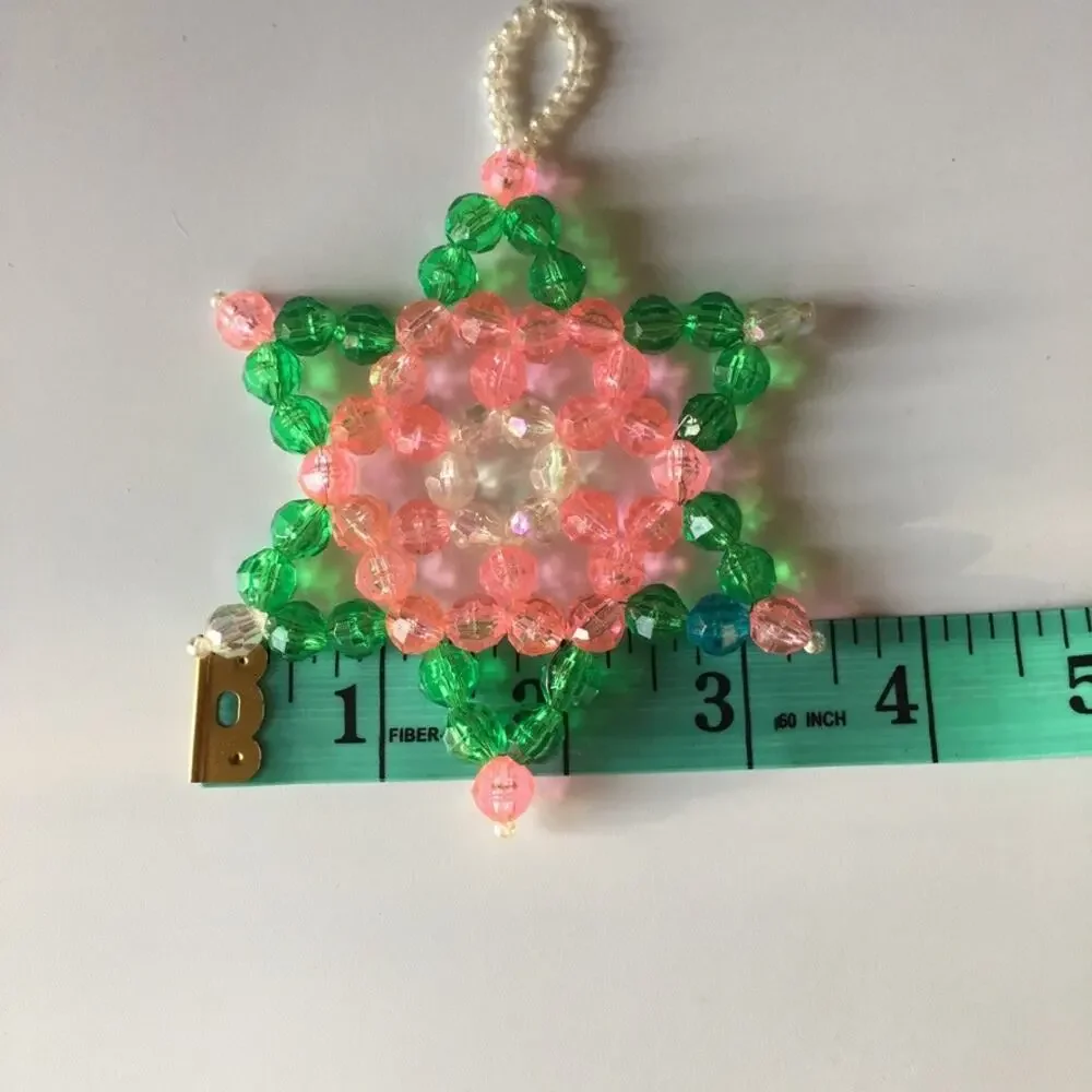 Vintage beaded Christmas star - handmade Christmas ornament, green and pink